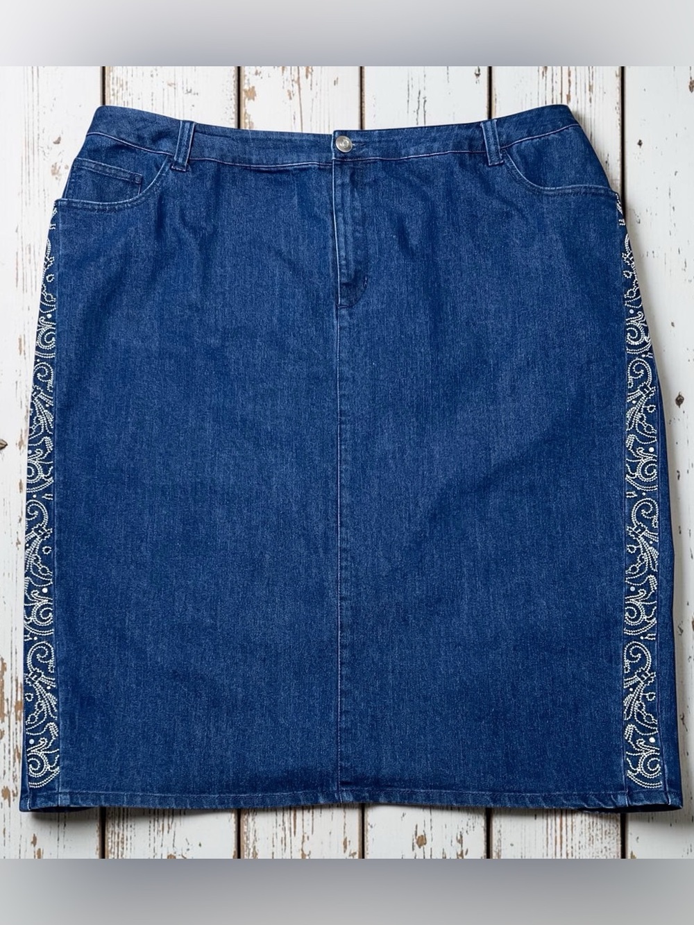 Catherines Denim Embroidered Skirt 2x Rhinestones Western Cottage Core Midi